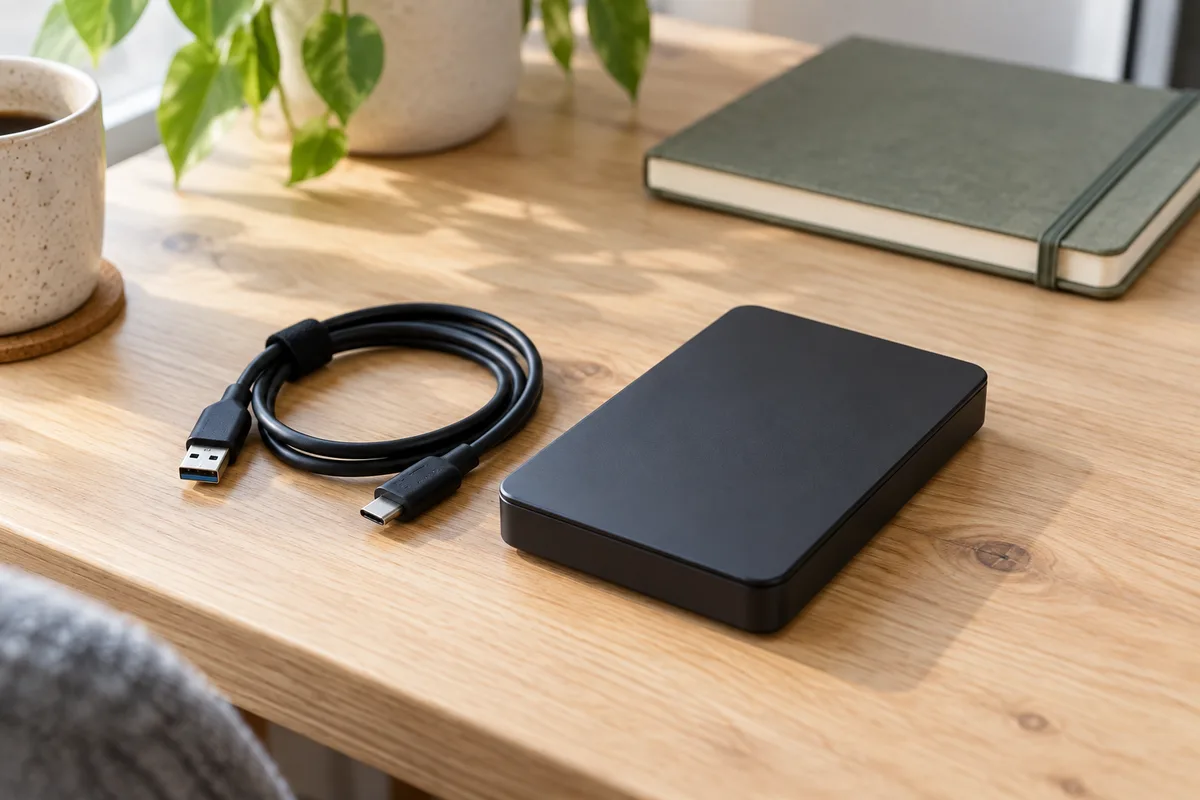 Disque dur externe uni posé sur un bureau clair à côté de son câble enroulé