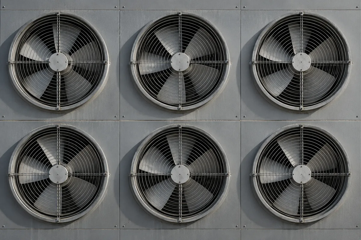 Ventilateurs d&rsquo;extraction alignés sur un mur technique gris