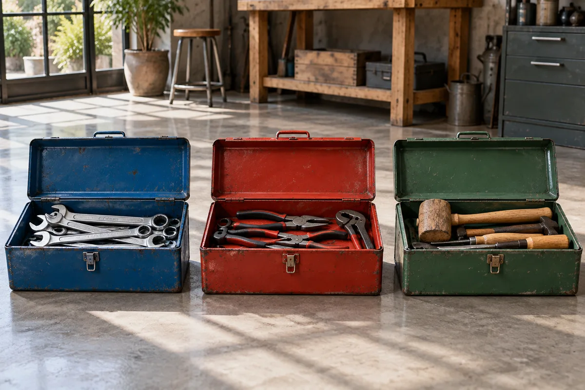 Trois caisses à outils ouvertes alignées sur un sol d&rsquo;atelier